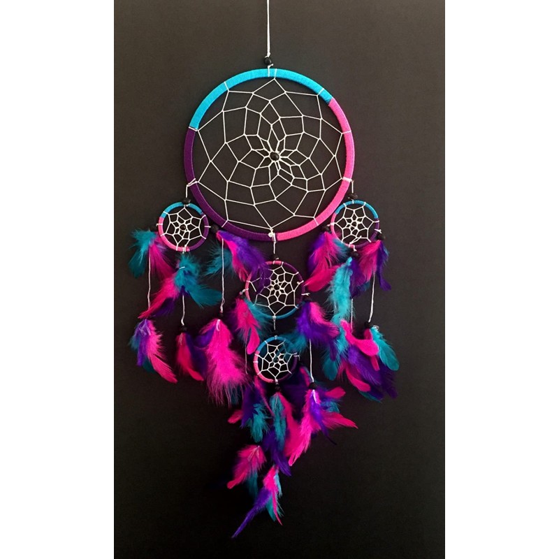 OMA Dream Catcher - Hand Made Traditional Tie Dye with Feathers & Beads Dreamcatcher Intricate Design - 7 Diameter & 22" Long ("