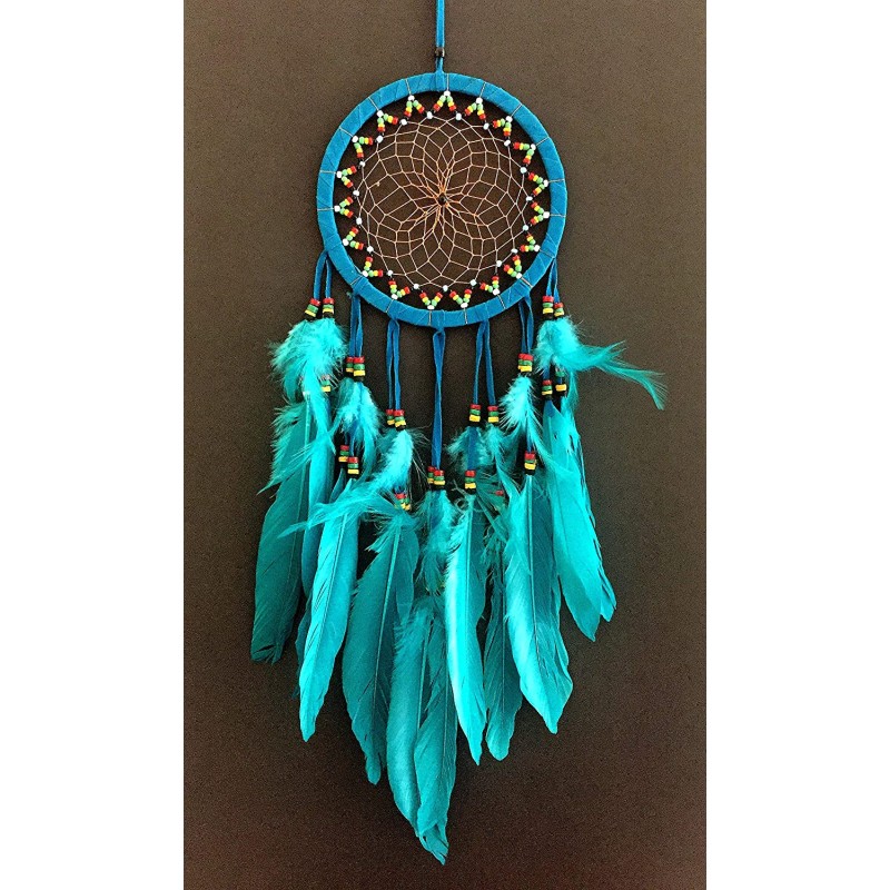 OMA Dream Catcher - Dream Catcher - Traditional Turquoise Blue Suede Dreamcatcher with Rasta Chakra Beads & Feathers Intricate D