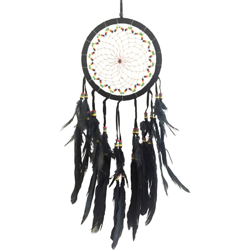 OMA Dream Catcher - Traditional Black Suede Dreamcatcher with Rasta Chakra Beads & Feathers Intricate Design - 26 Long x 7" Dia"
