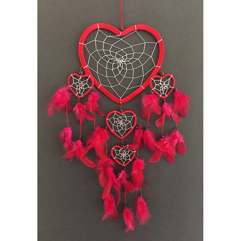 OMA Dream Catcher - Hand Made Feather Dream Catcher Heart Shaped with Crystal Beads - 7 Diameter & 24" Long - Valentine's Day ("