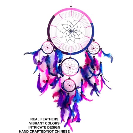 OMA Dream Catcher Traditional Tie Dye Colors Pink, Blue & Purple Feathers - 8.5 Diameter & 30" Long - (Tie Dye - Purple - Large"